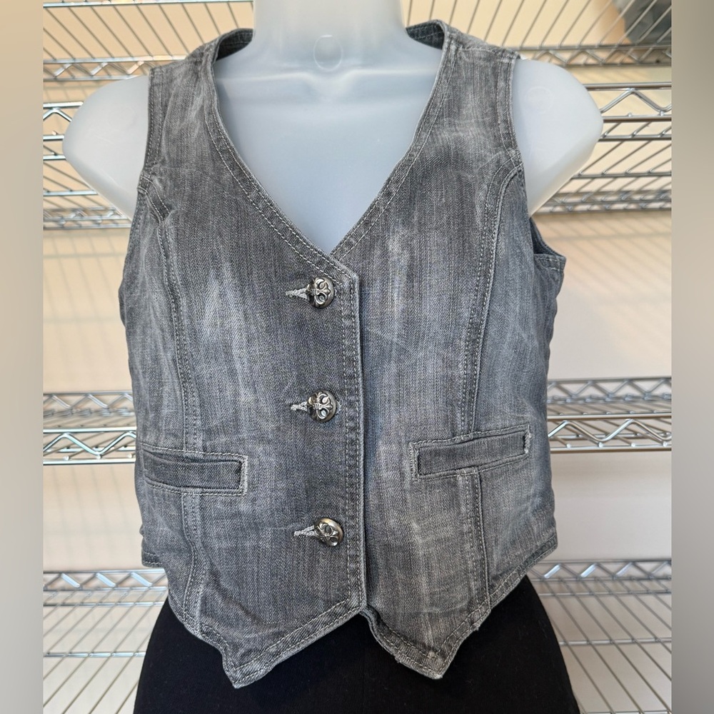 Miss Me Gray Denim Vest with Skull Pattern